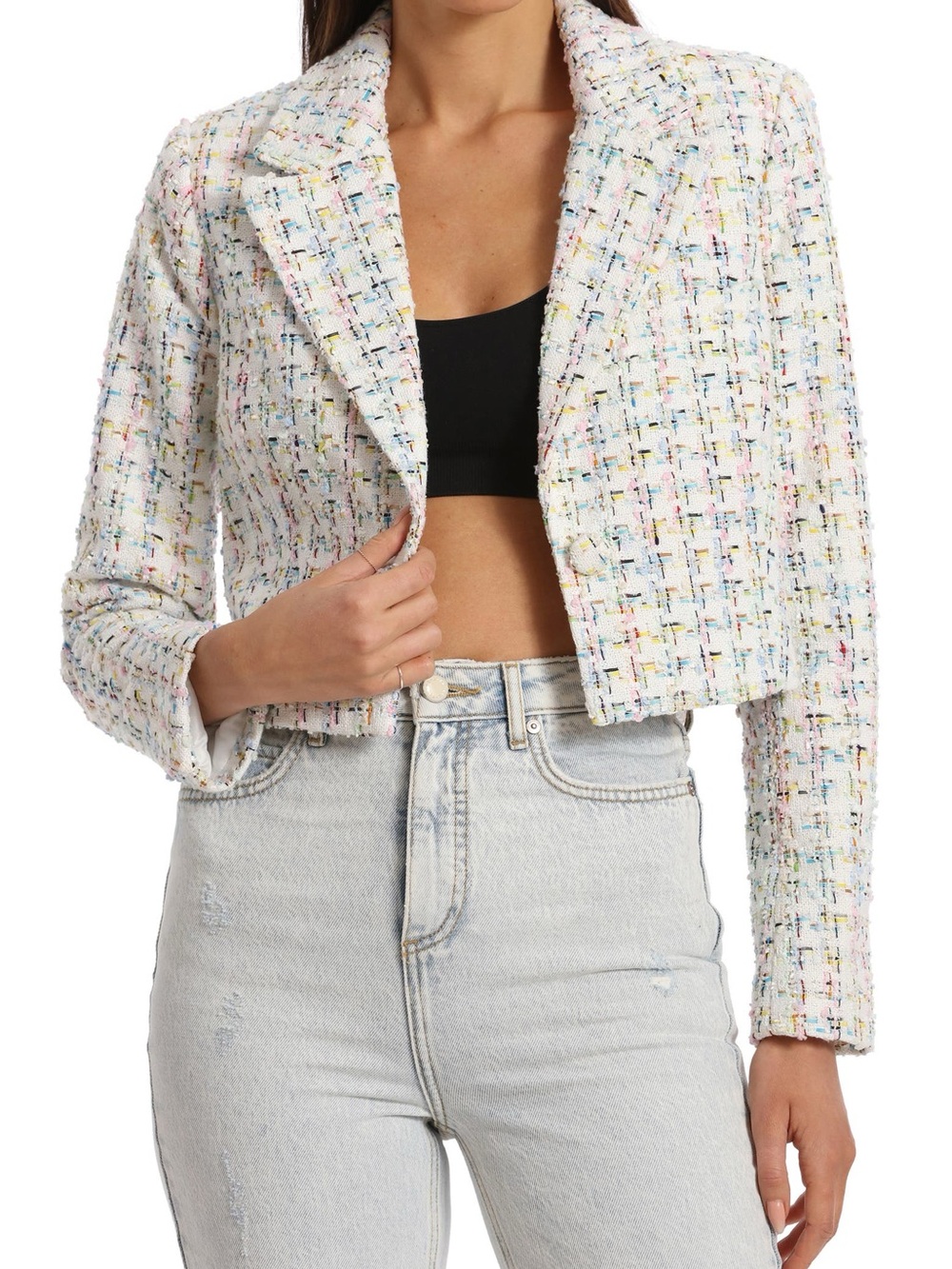 Avec Les Filles White Cropped Multicolor Tweed Blazer